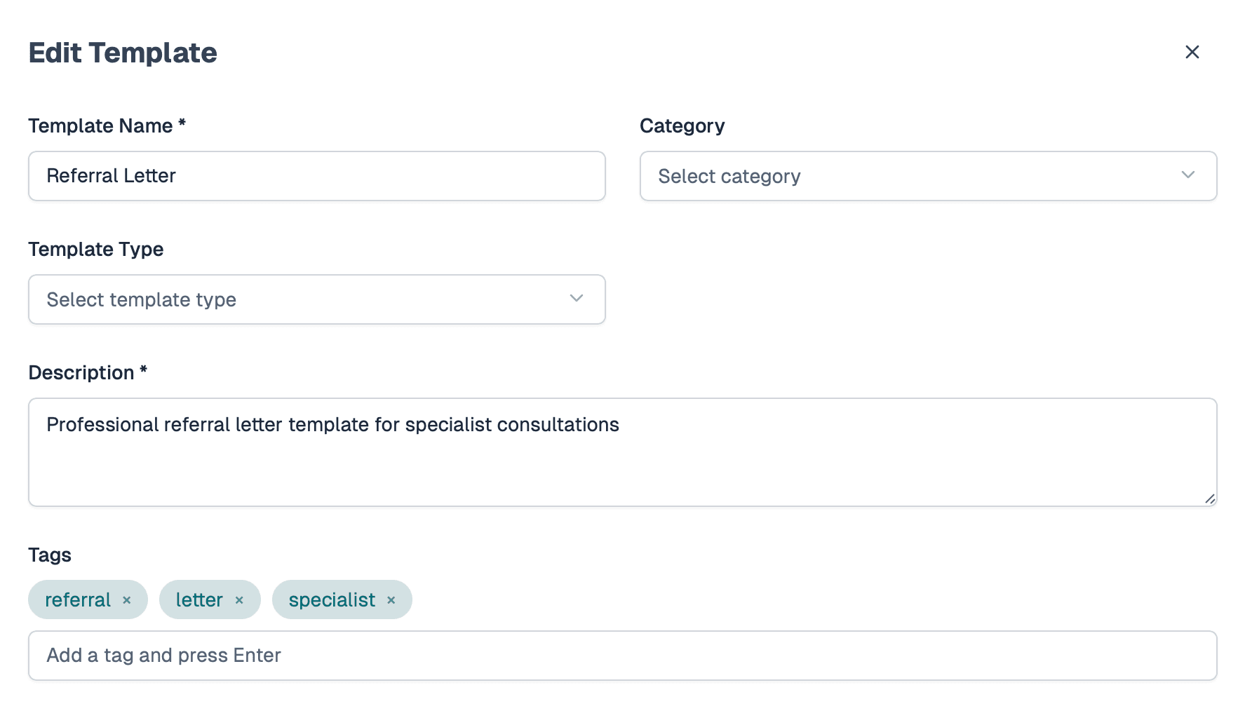 Template Management Interface showing template configuration options